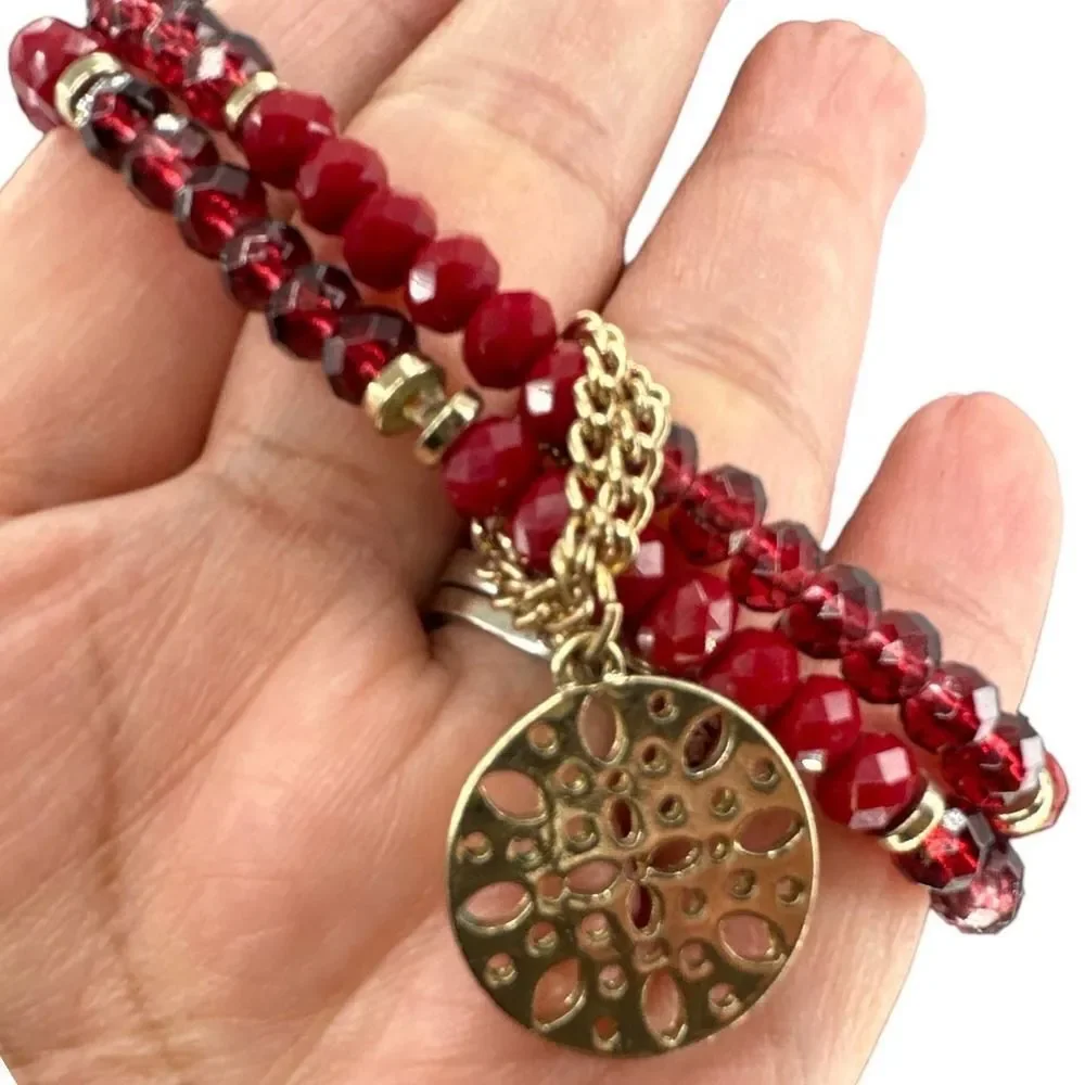 Garnet Beads Bracelet Glass Gold Plated Spacer Beads Dangle Charm Double Stretch